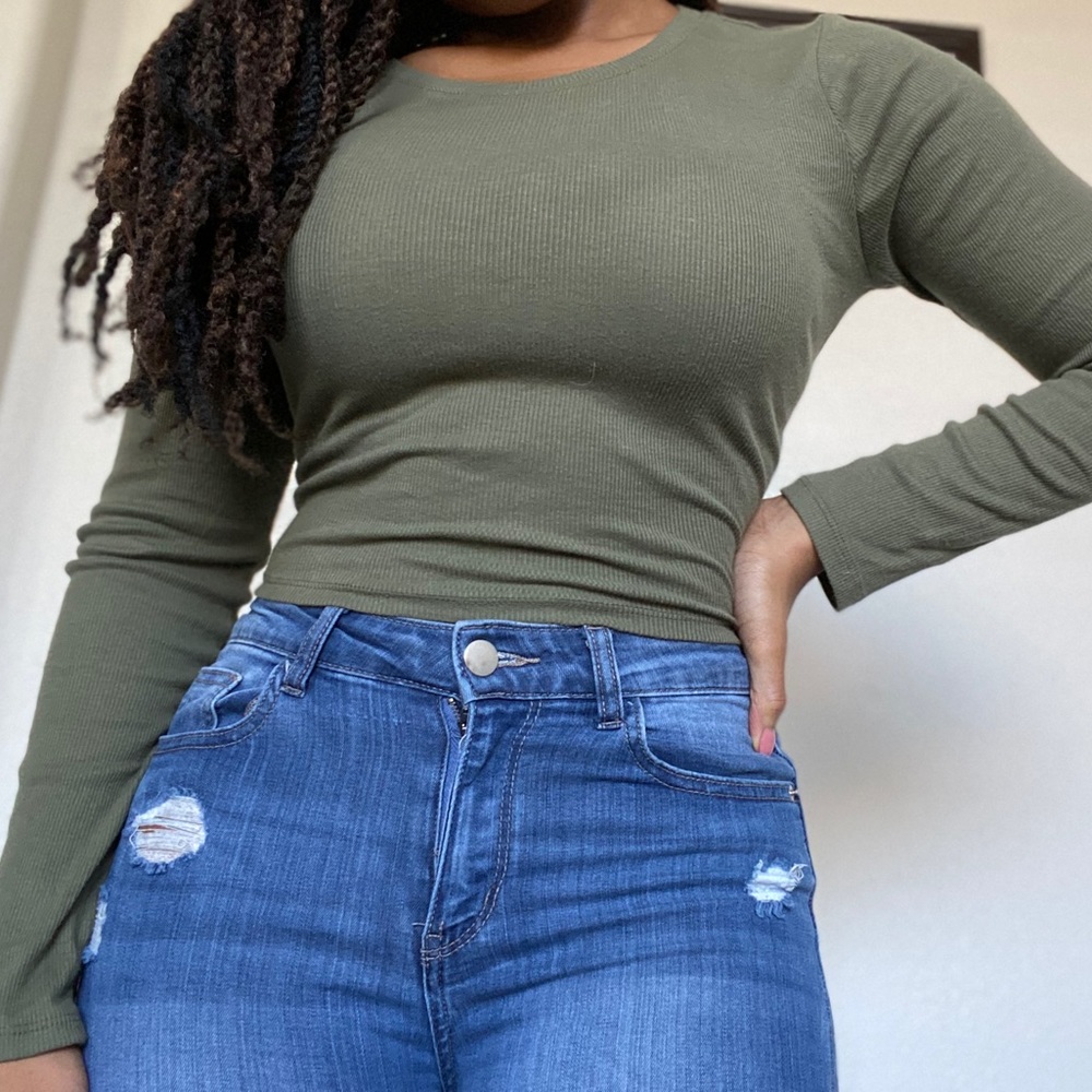 Army green ribbed long sleeve